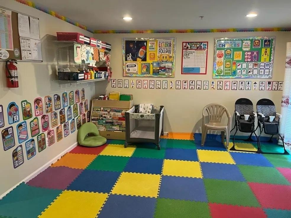 Child care classroom with learning centers and educational displays